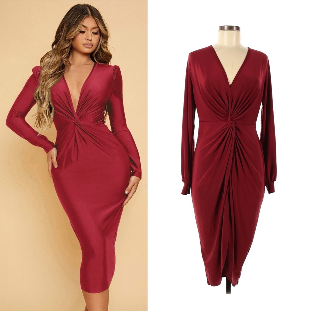 NEW Boohoo 6 Burgundy Twist Front Knot Longsleeve Plunge V-neck Satin Dress